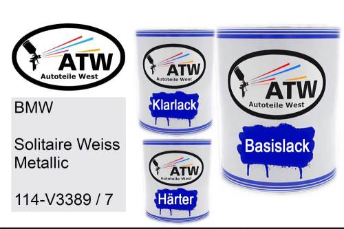 BMW, Solitaire Weiss Metallic, 114-V3389 / 7: 1L Lackdose + 1L Klarlack + 500ml Härter - Set, von ATW Autoteile West.